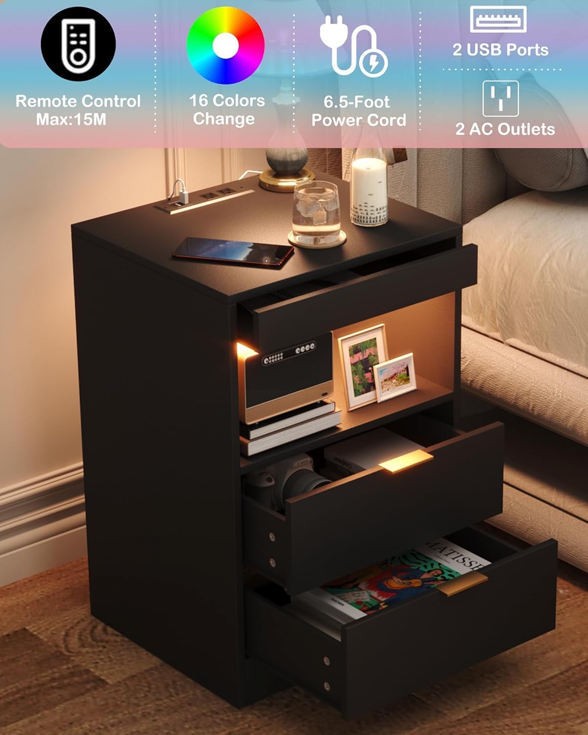 Modern LED Nightstand with Charging Station & Storage