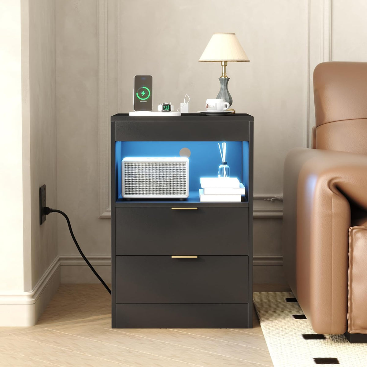 Modern LED Nightstand with Charging Station & Storage