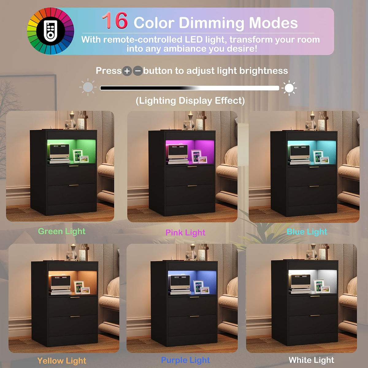 Modern LED Nightstand with Charging Station & Storage