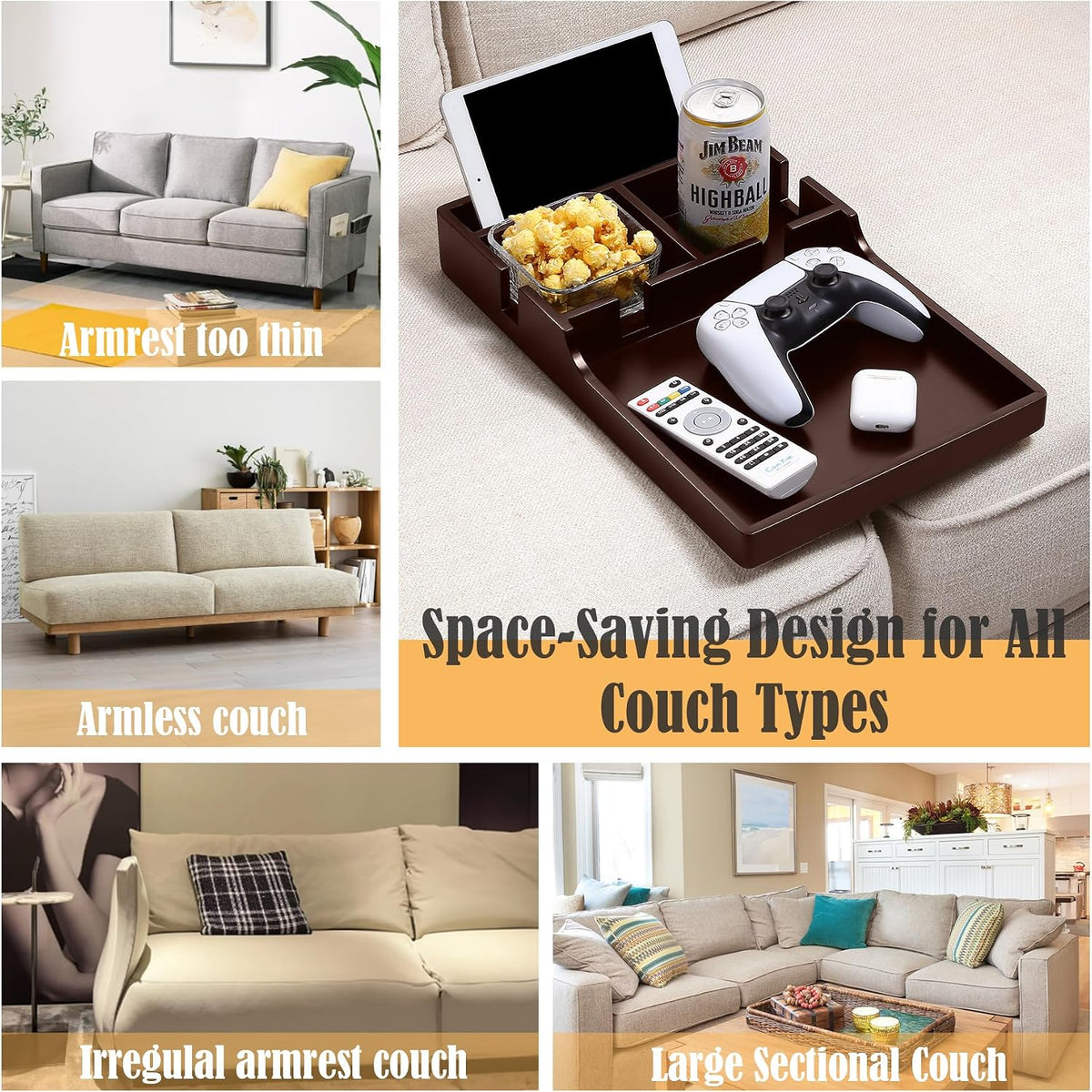Wooden Sofa Tray with Cup Holders for Living Room