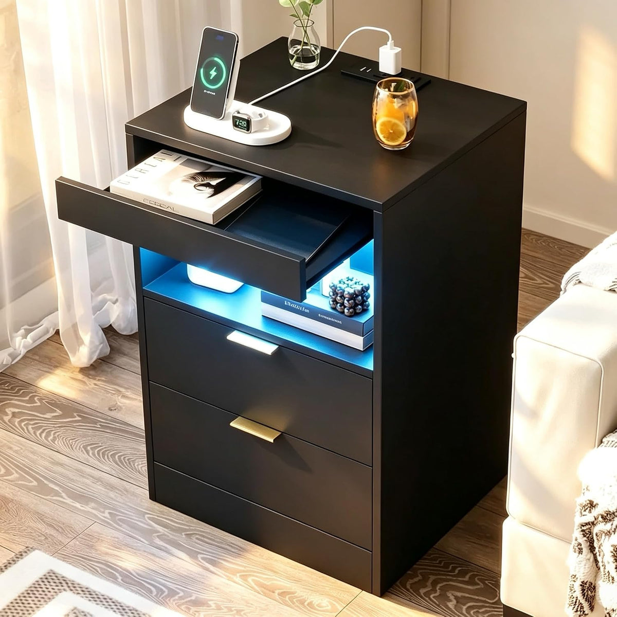 Modern LED Nightstand with Charging Station & Storage