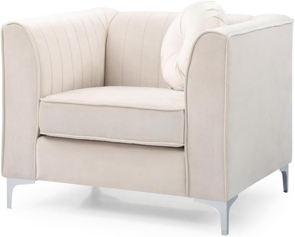Ivory Velvet Accent Chair with Chrome Legs