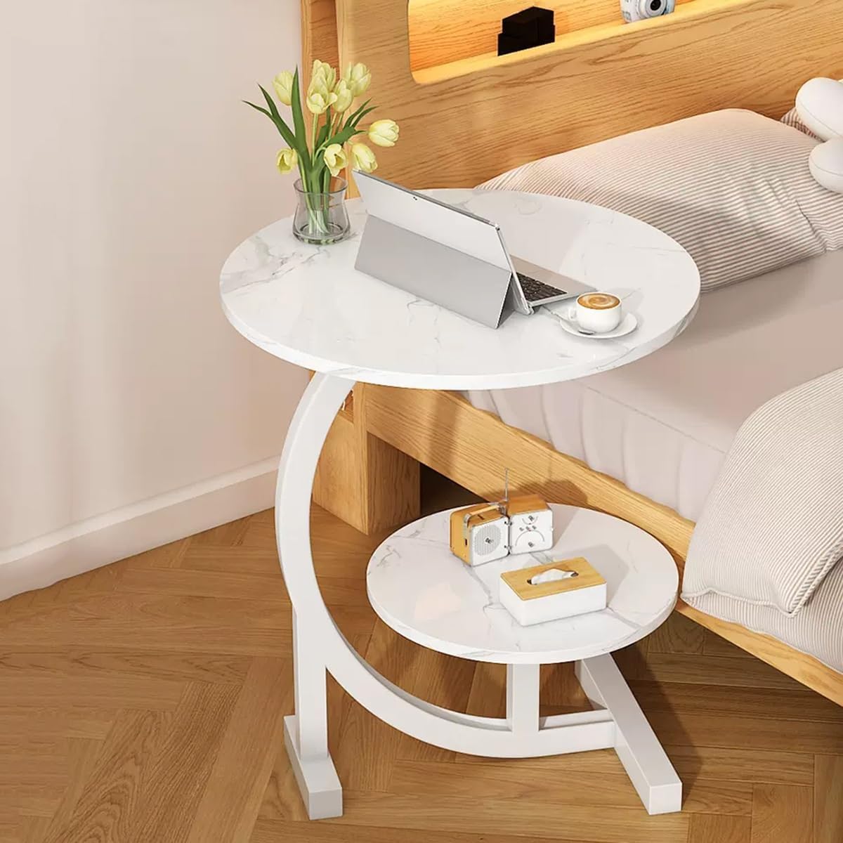C-Shaped Side Table with Storage for Sofa & Bedroom