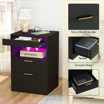 Modern LED Nightstand with Charging Station & Storage