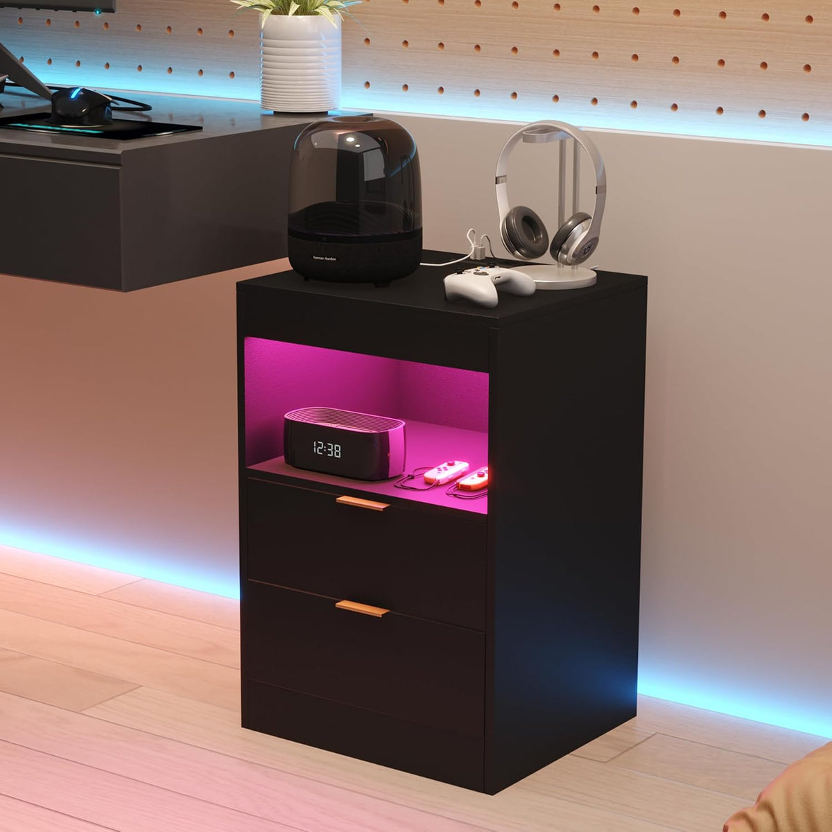 Modern LED Nightstand with Charging Station & Storage