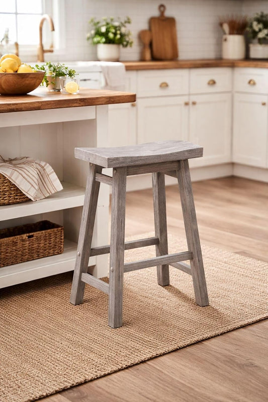 Rustic Wooden Saddle Bar Stool with Footrest