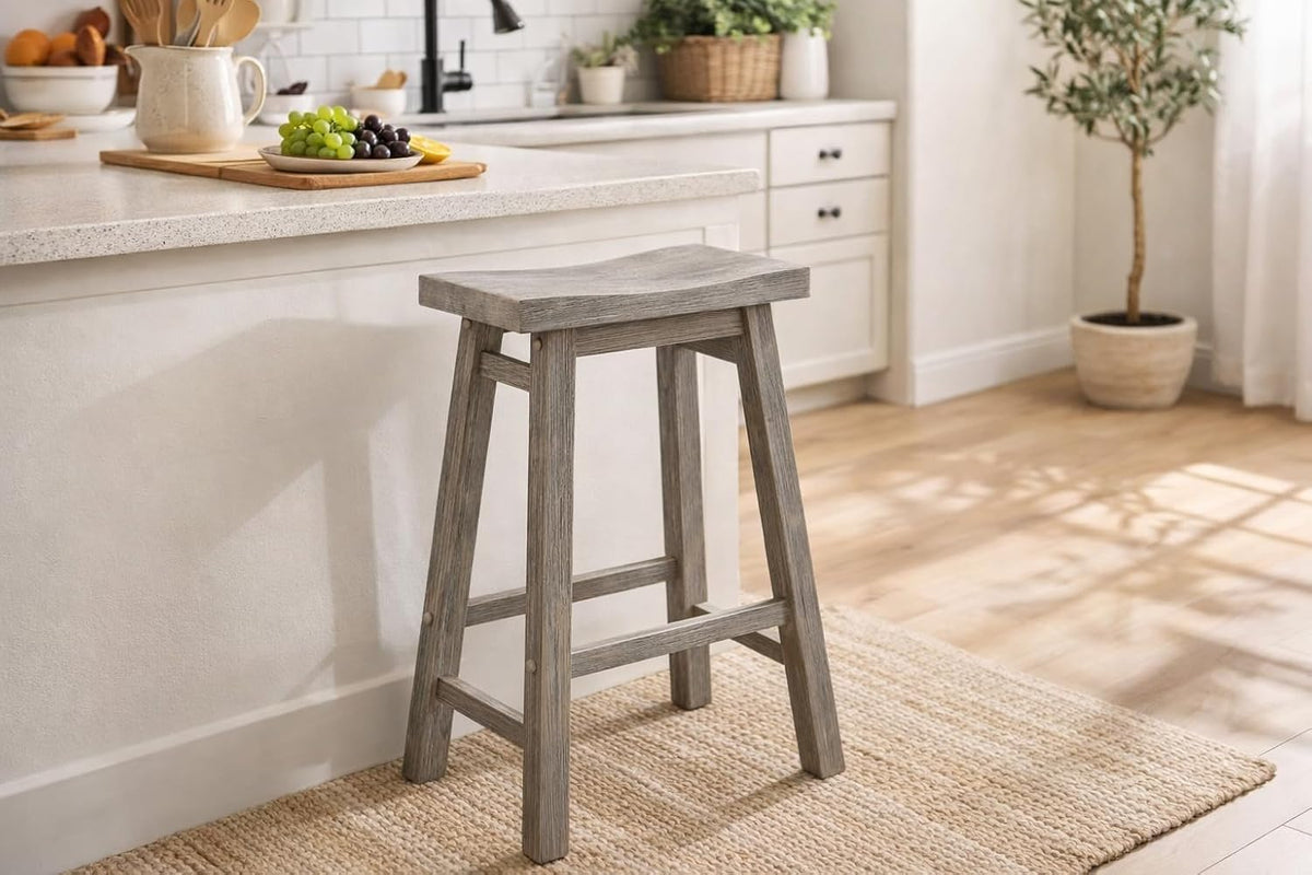 Rustic Wooden Saddle Bar Stool with Footrest