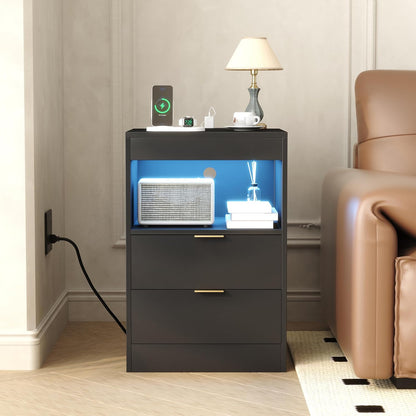 Modern LED Nightstand with Charging Station & Storage