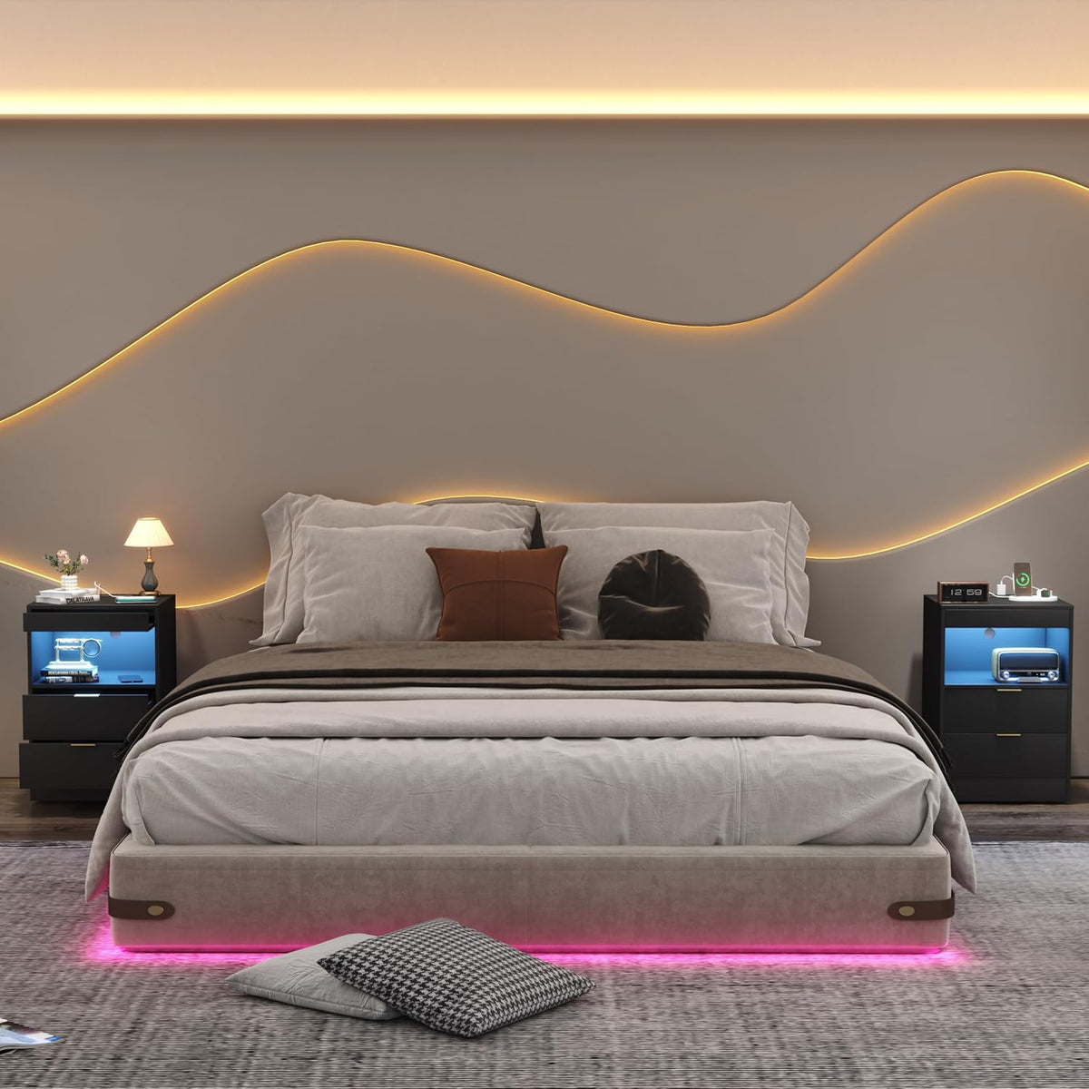 Modern LED Nightstand with Charging Station & Storage