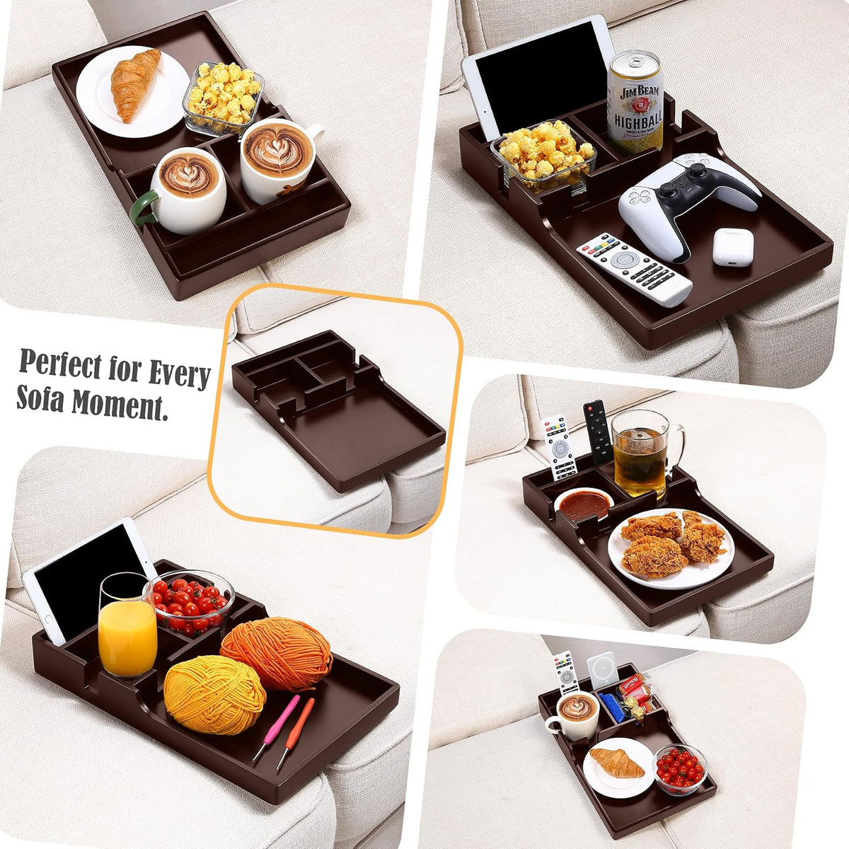 Wooden Sofa Tray with Cup Holders for Living Room