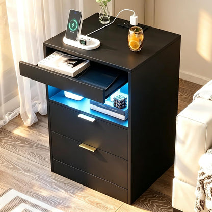 Modern LED Nightstand with Charging Station & Storage
