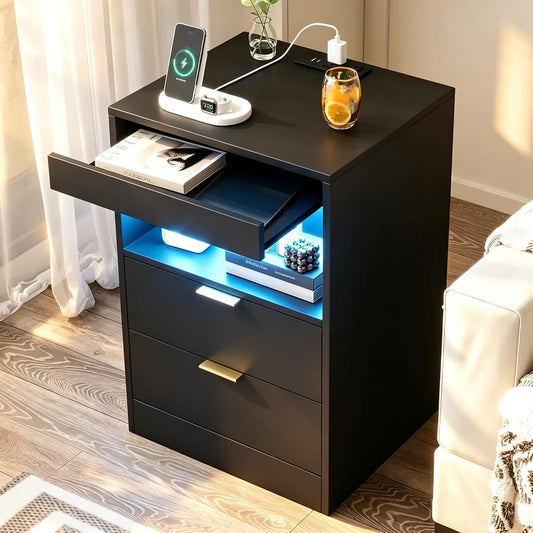 Modern LED Nightstand with Charging Station & Storage