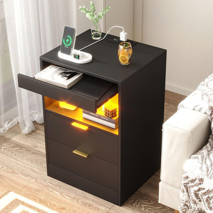 Modern LED Nightstand with Charging Station & Storage