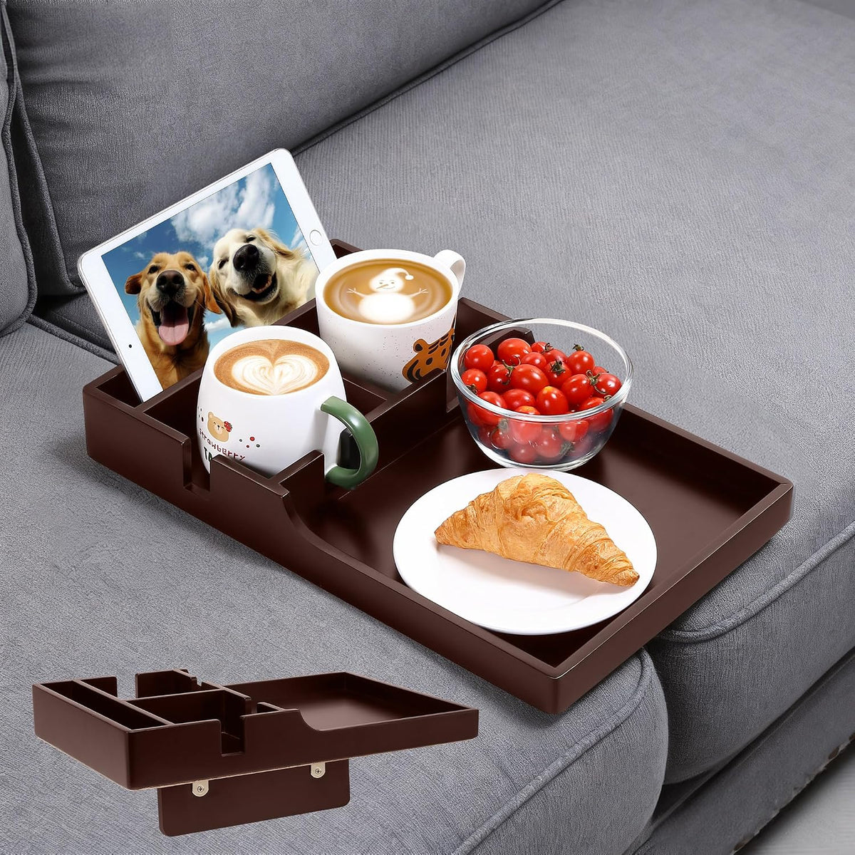 Wooden Sofa Tray with Cup Holders for Living Room